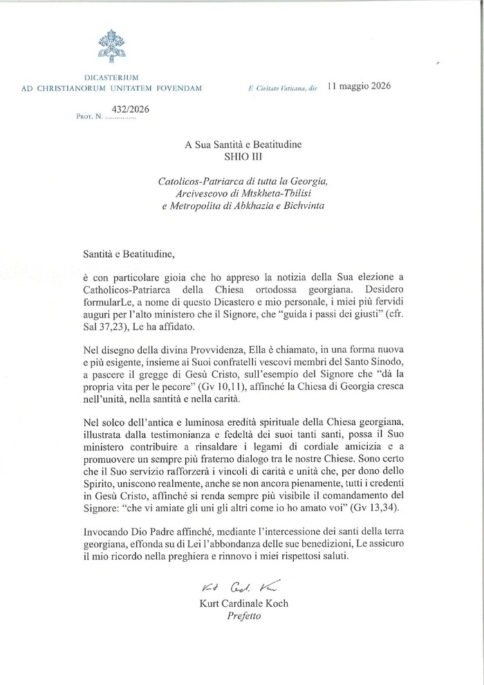 Message of Cardinal Koch for the election of the Catholicos-Patriarch of All Georgia